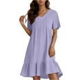 thumbnail image 1 of Cute Cotton Linen Dresses for Women Loose Cotton Linen Knee Length Short Sleeve Flowy Beach Dresses V Neck Ruffle Tiered Layered Evening Pleated Dresses Light Purple XXL, 1 of 5