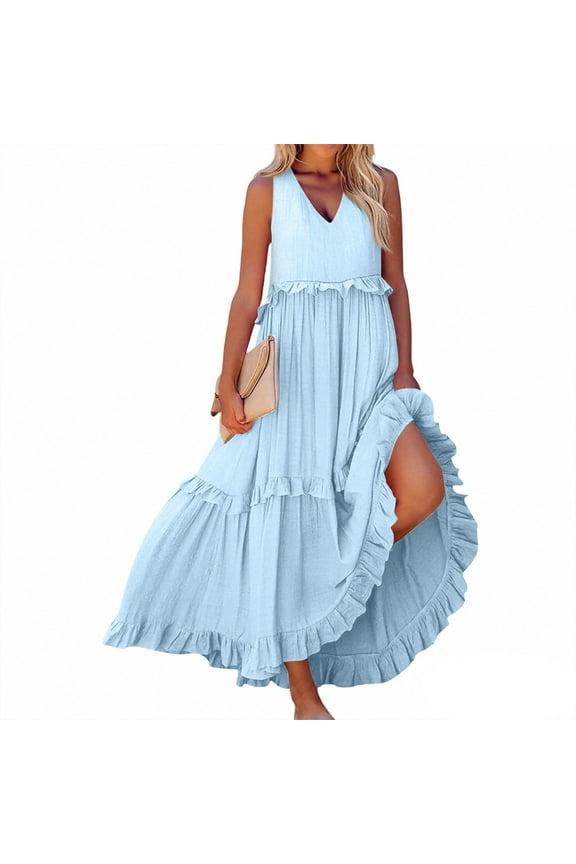 Formal Dresses Women, Halter V Neck Sleeveless Ruffles Loose Maxi Dress Casual Elegant Beach Wedding Guest Graduation Cocktail Dress Party For Women 2025 Spring Dresses Cocktail (S, Sky Blue) ZMTing