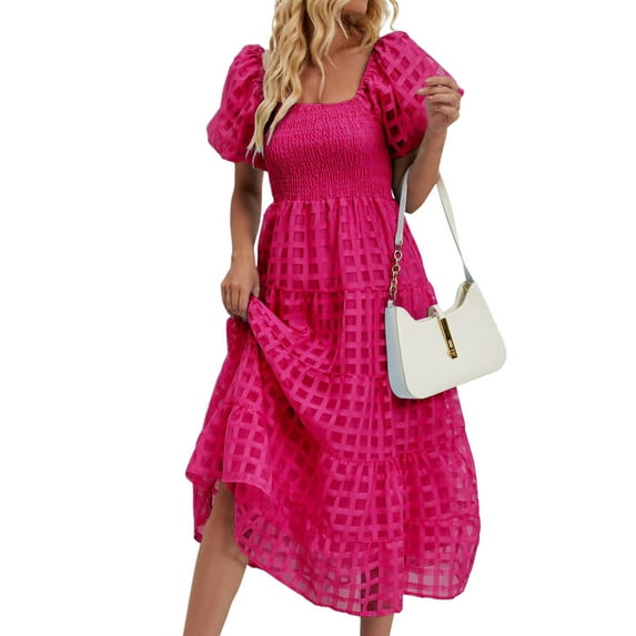Formal Dresses Women Wedding Guest, Smocked Long Dress Puff Short Sleeved Checkered Sheer Lace A Line Flowy Maxi Dress Plus Size Sweatshirt Dress Mother Of Dresses (S, Hot Pink) ZMTing