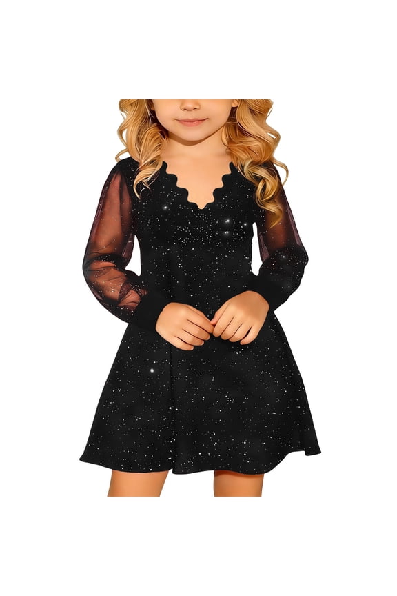 Formal Dresses for Girls Puff Long Sleeve Mesh High Waist V Neck A Line Knee Length Party Gown for Kids Black 9 Years-10 Years