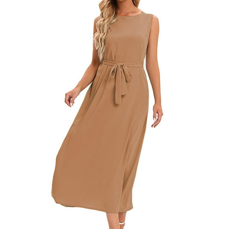 Sinpiling 50 Clearance Off Formal Dresses for Women Dressy Sleeveless Crew Neck Bandage Waistband Business Work Midi Dress Casual Loose Solid Color Basic Flowy Sundresses Christmas Gifts Walmart