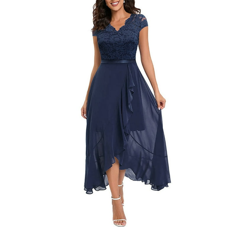 Generic Women Lace Cap Sleeve Dress Casual Ruffle High Low Party A Line Dress Blue XL