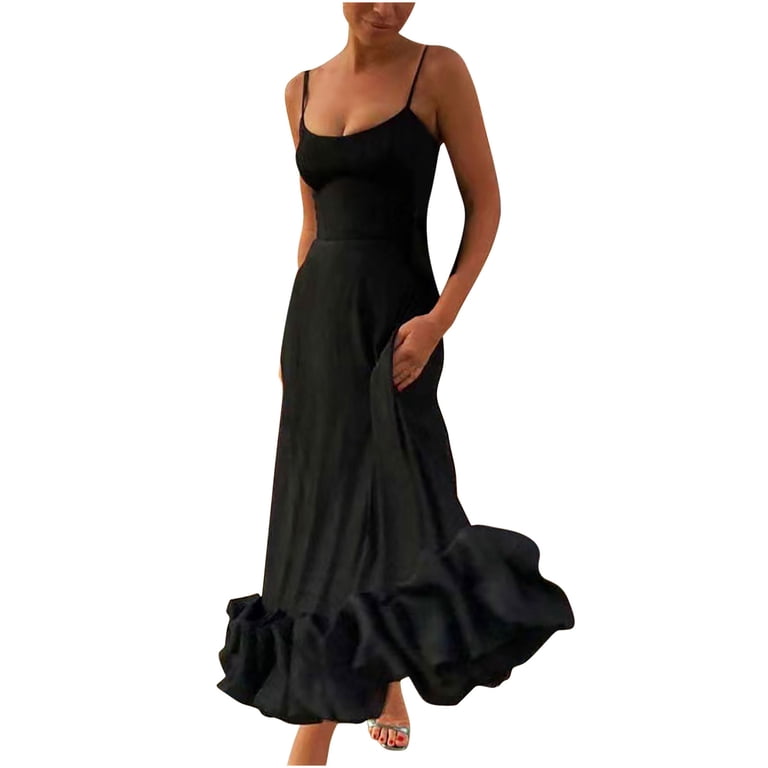 Formal Dresses for Women Evening Prom Cocktail Birthday Floral Ruched Hem  Maxi Dress Adjustable Spaghetti Strap (Large, Black) - Walmart.com