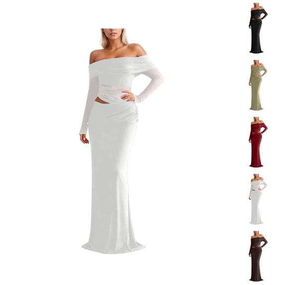 Formal Dresses for Women Long Sleeve Off Shoulder Cutout Mesh Ruched Bodycon Maxi Dress Wedding Guest Dress