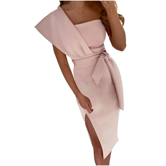 Formal Dresses for Women One Shoulder Summer Bodycon Midi Dress Tie Waisted Side Slit Slim Wear to Work Dress