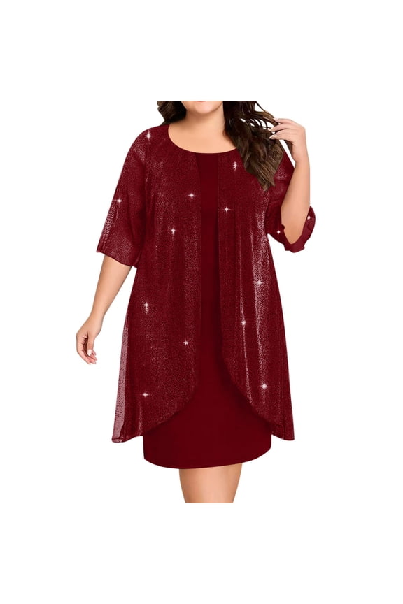 Formal Dresses for Women Plus Size Sparkly Mesh Layer 3/4 Sleeve Cocktail Prom Wedding Guest Elegant Midi Dress