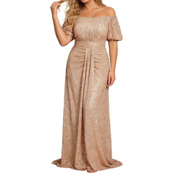 Formal Dresses for Women Plus Size Short Sleeve Flared Sleeve Evening Gown with Boat Neck Beige XXXXL