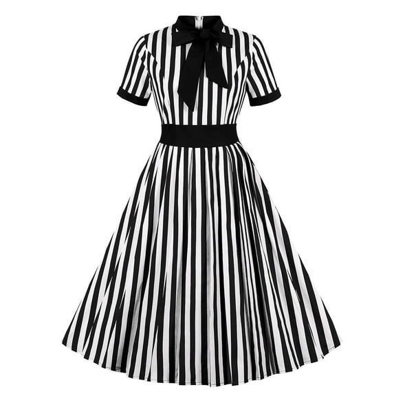 Formal Dresses for Women Short Sleeve Bowknot Neck Striped Retro Vintage 1950s Dress Fit and Flare Swing Cocktail Dress