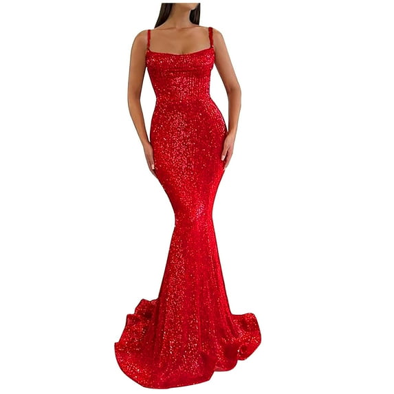 Formal Dresses for Women Sleeveless Adjustable Spaghetti Strap Glitter Sequin Cocktail Dress Slim Maxi Evening Gown