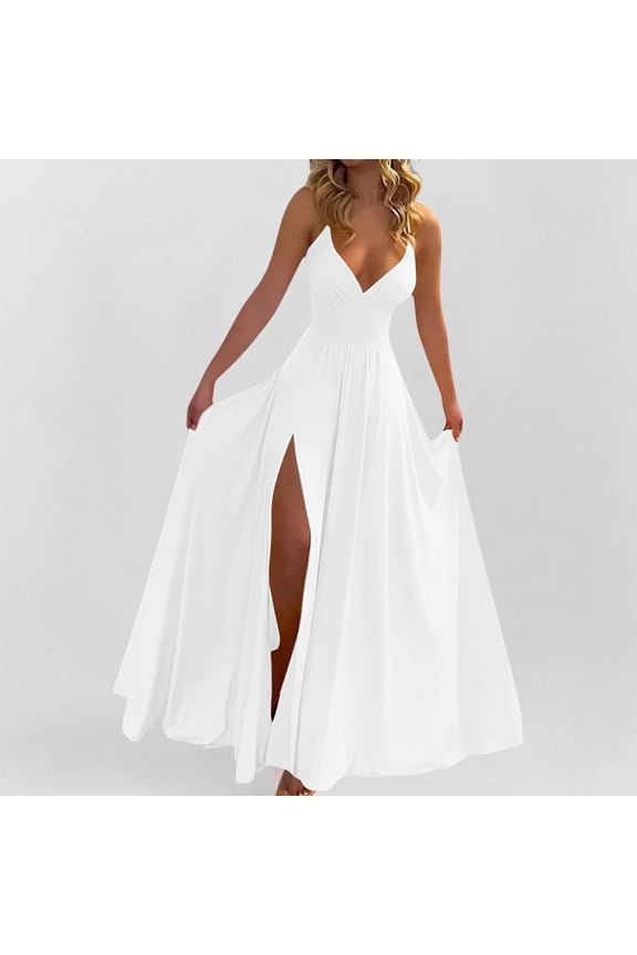 Formal Elegant Dresses for Juniors Sleeveless Slip V Neck Maxi Long Slit Dresses Homecoming Dresses Women 2026 (White,XL)