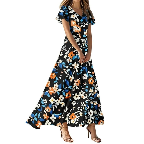 Formal Evening Dresses Women, Wedding Guest Easter Dresses Chiffon Floral Short Sleeve Ruffle V Neck Flowy Maxi Dress 4Th Of July Women Sequin Dress For Hawaiian Outfits (XXL, Sky Blue) ZMTing