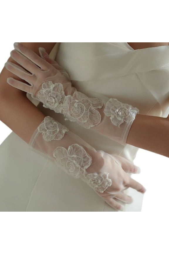 Formal Evening Gloves With Elastic Design Floral Embroidered Bridal Accessories