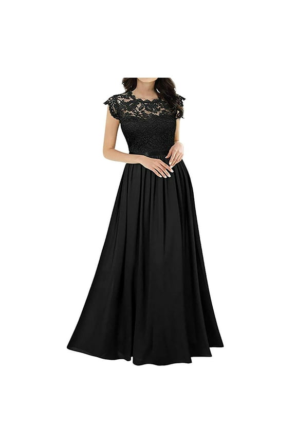 Formal Evening Gown, Lace Short Sleeves Maxi Dress, Sophisticated Dress for Wedding Guest, Prom & Black Tie Event Black XL