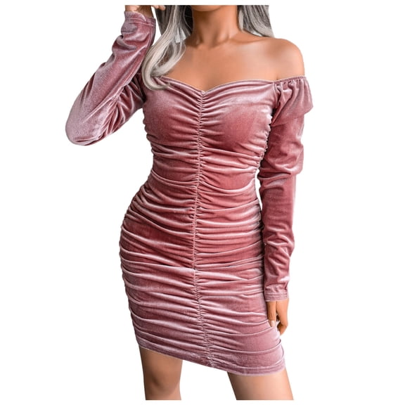 Formal Gowns and Evening Dresses Holiday Dress Ladies Sexy Long Sleeved Square Neck Velvet Bag Dress Mini Dress for Evening Party & Banquet Night Out