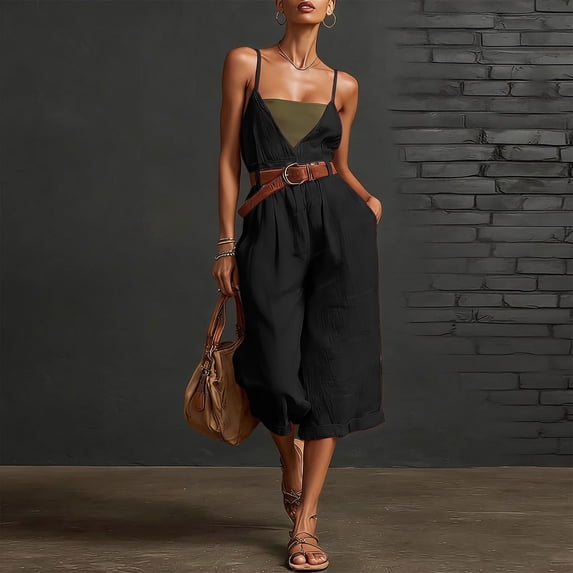 Formal Jumpsuits for Women Elegant Women's Spaghetti Strap Jumpsuit Capris V‑neck High Waist Cropped Pants with Pockets Summer Beach Outfit No Belted Black M