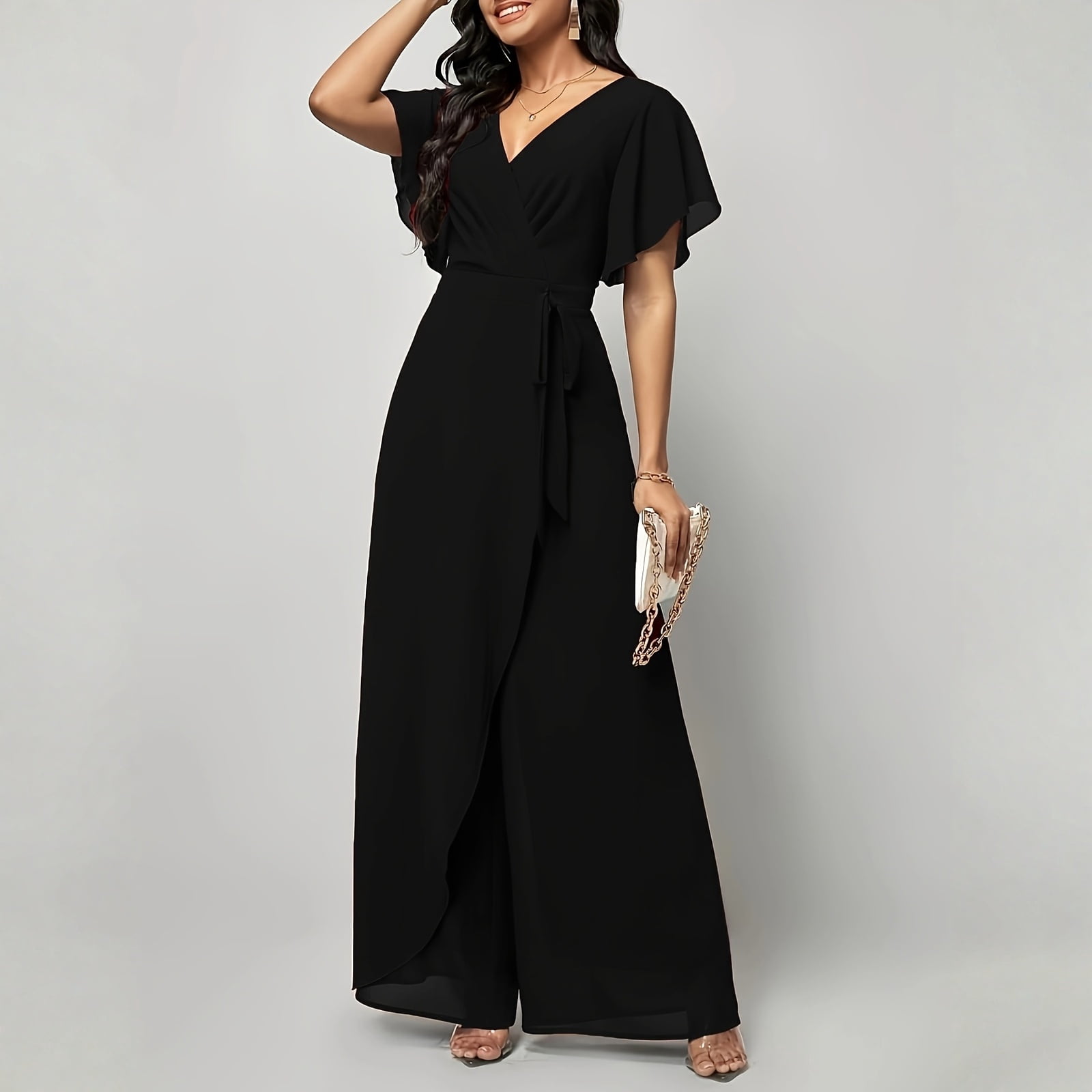 formal maxi romper dress Jumpsuits for Women Dressy V Neck Ruffle Sleeve Split Elegant Wrap Wedding Guest Jumpsuits Purple XL Patrón de vestido de noche vintage