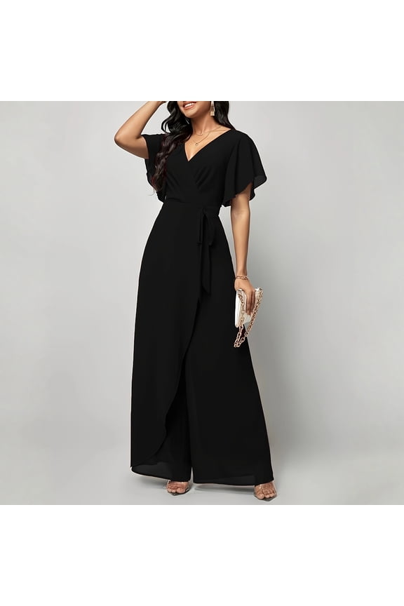Formal Jumpsuits for Women Dressy V Neck Ruffle Sleeve Maxi Romper Split Elegant Wrap Wedding Guest Jumpsuits Black L