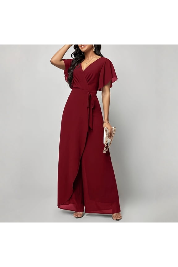 Formal Jumpsuits for Women Dressy V Neck Ruffle Sleeve Maxi Romper Split Elegant Wrap Wedding Guest Jumpsuits Deep Red L