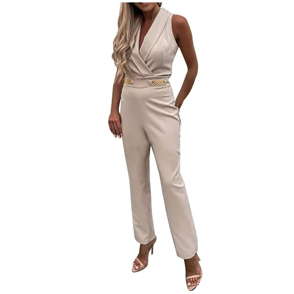 Summer Rompers for Women V Neck Sleeveless Solid Color Casual Straight Leg Work Business Jumpsuits Romper Ladies Clothes