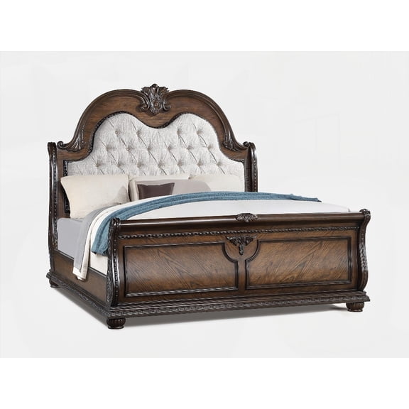1pc Traditional Style Upholstered in Faux Leather Headboard Button Tufted Formal Bedroom Furniture King Sleigh Bed in Coffee Brown Finish