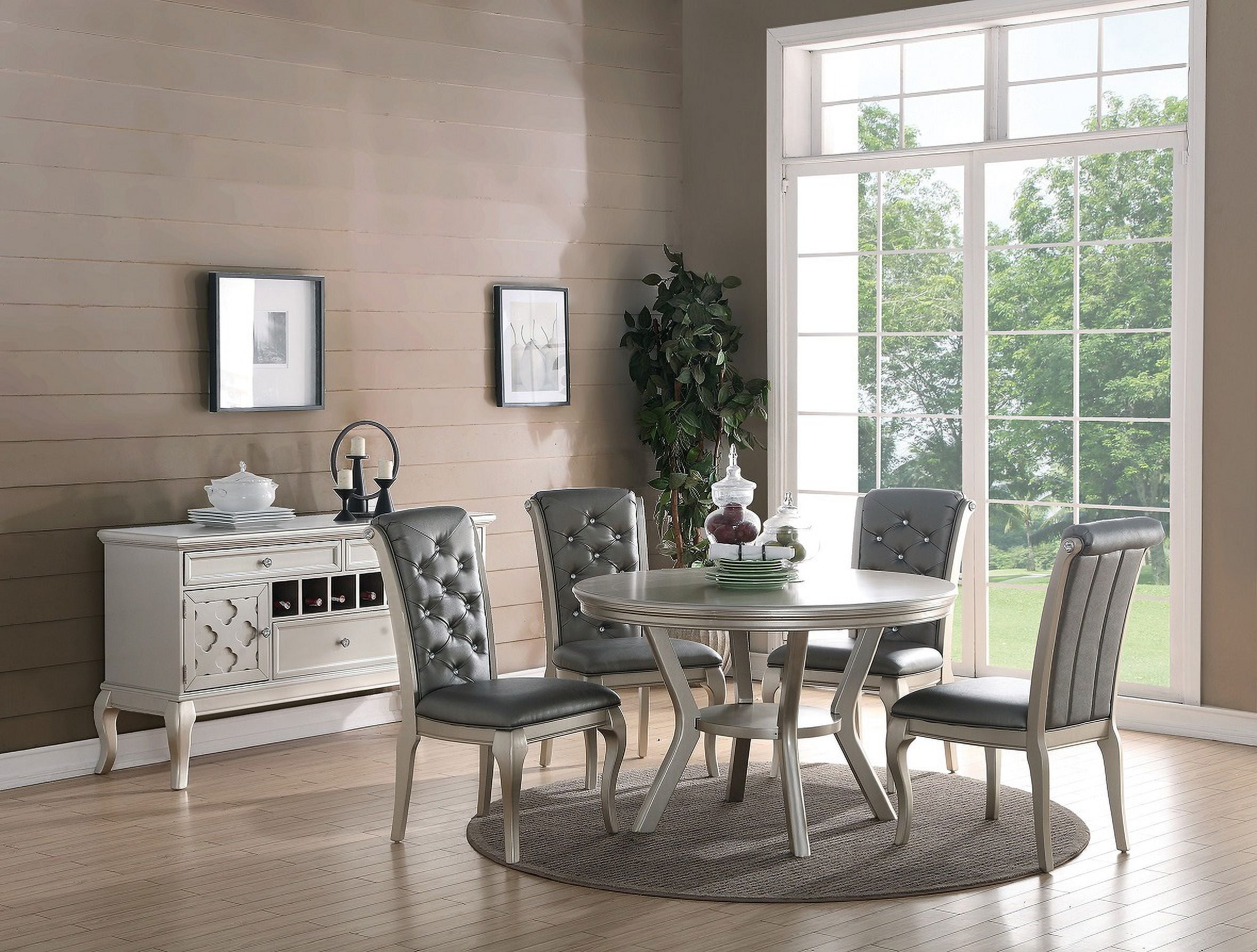 Formal Lavish Antique Silver Finish Traditional Look 5pc Dining Set Round Table 4 Side Chairs upholstered plush Cushion Tufted Chairs