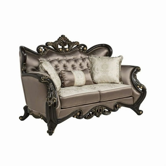 Formal Living Room 1Pc Loveseat with Accent Pillows, Gold Trim Wood Carvings Traditional Loveseat Sofa, Brown/Espresso