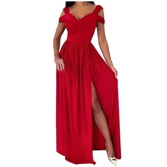 Formal Long Dress Women Elegant Party Evening Gowns V-Neck Cold Shoulder Slit Dinner Maxi Dresses Sleeveless
