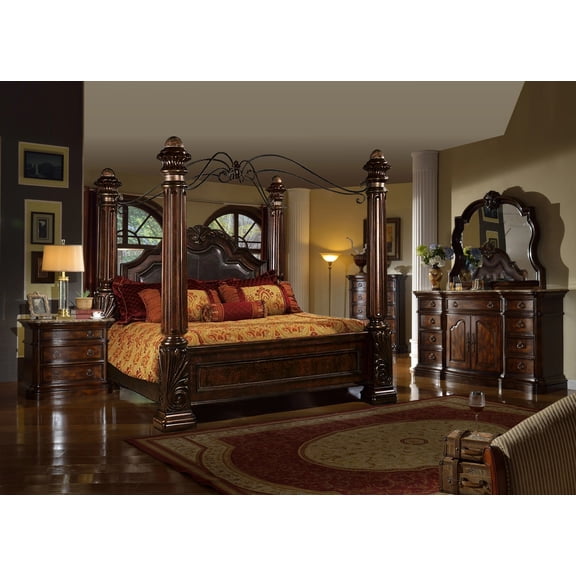 Formal Luxury 5pc Bedroom Furniture Set King Poster Bed Real Marble Top