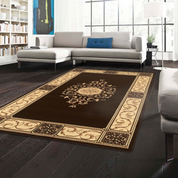 Formal Medallion Border Ultra-Soft Indoor Area Rug or Runner, 5' x 5', Coffee by Blue Nile Mills
