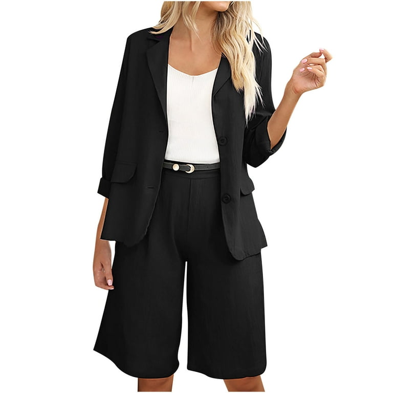 Formal Outfits for Women Cotton Linen Plus Size Two Piece Blazer Wide Leg  Suit Knee Shorts Business Casual Sets (4X-Large, Black) 