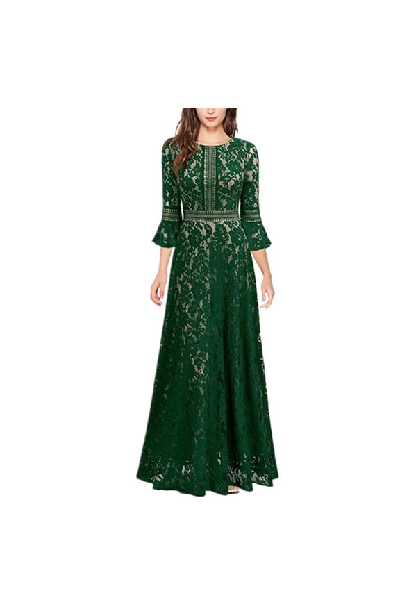 Formal Party Dress Evening Gown for Women Plus Size Vintage Gothic 3/4 Long Sleev Lace Hollowed Out Dresses Slim Fitting Festive Anniversary Prom Gown Female Maxi Elegant Dress Sale Green Size L