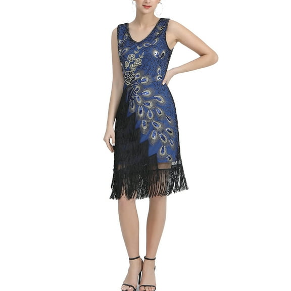 Formal Roaring 20S Dresses 20'S Vintage Peacock Sequin Fringed Party Flapper Dress