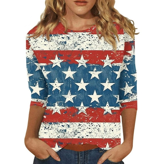 Formal Shirts Women, Casual 3/4 Length Sleeve 4Th Of July Collar Pullover Top Red White And Royal Blue T Shirt Tops For Women 2025 Going Out Long Tops Womens Shirt Tops (S, Multicolor) ZMTing