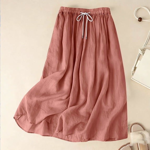 Formal Skirts for Women Flowy Drawstring Elastic Waist A Line Skirt Lightweight Linen Blend Maxi Skirt Pink S