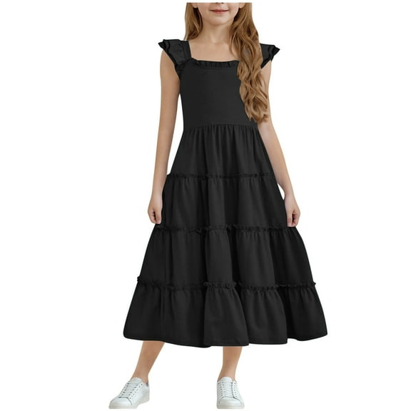 Formal Toddler Dress Summer Ruffle Sleeveless Beach Sundress Pleated A-Line Loose Casual Flowy Midi Dresses for 3-13T New Black 5T