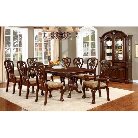 Formal Traditional Antique Dining Room Furniture 9pcs Set Brown Cherry Pedestal Base Dining Table w Leaf Padded Seat Intricate Design Dining Chairs