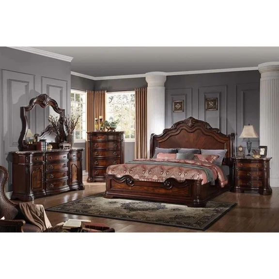 Formal Traditional Bedroom 3pc Set - Eastern King Bed, Dresser and Mirror, Solid Wood Carved Bedroom Furniture Set