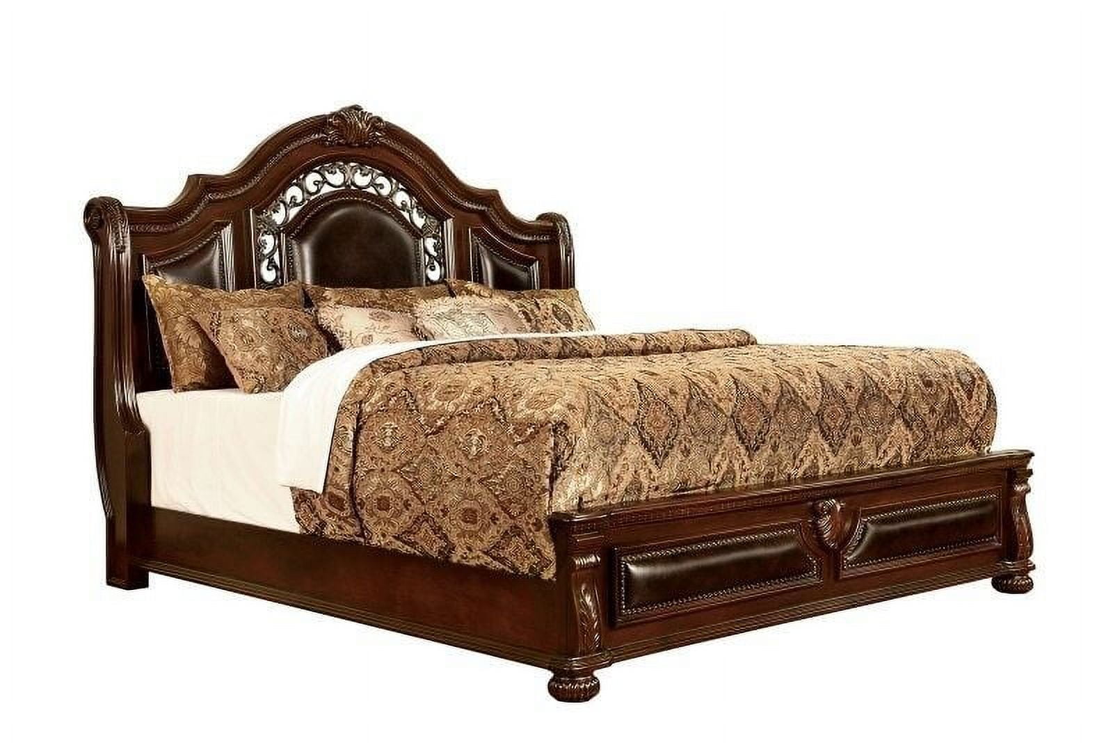 King Brown Cherry Faux Leather Upholstered Bed with Headboard