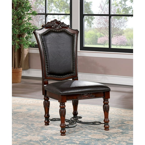 Formal Traditional Brown Cherry Solid wood 4pcs Dining Chairs Faux Wood Carved Black Leatherette Seats Dining Room Chair