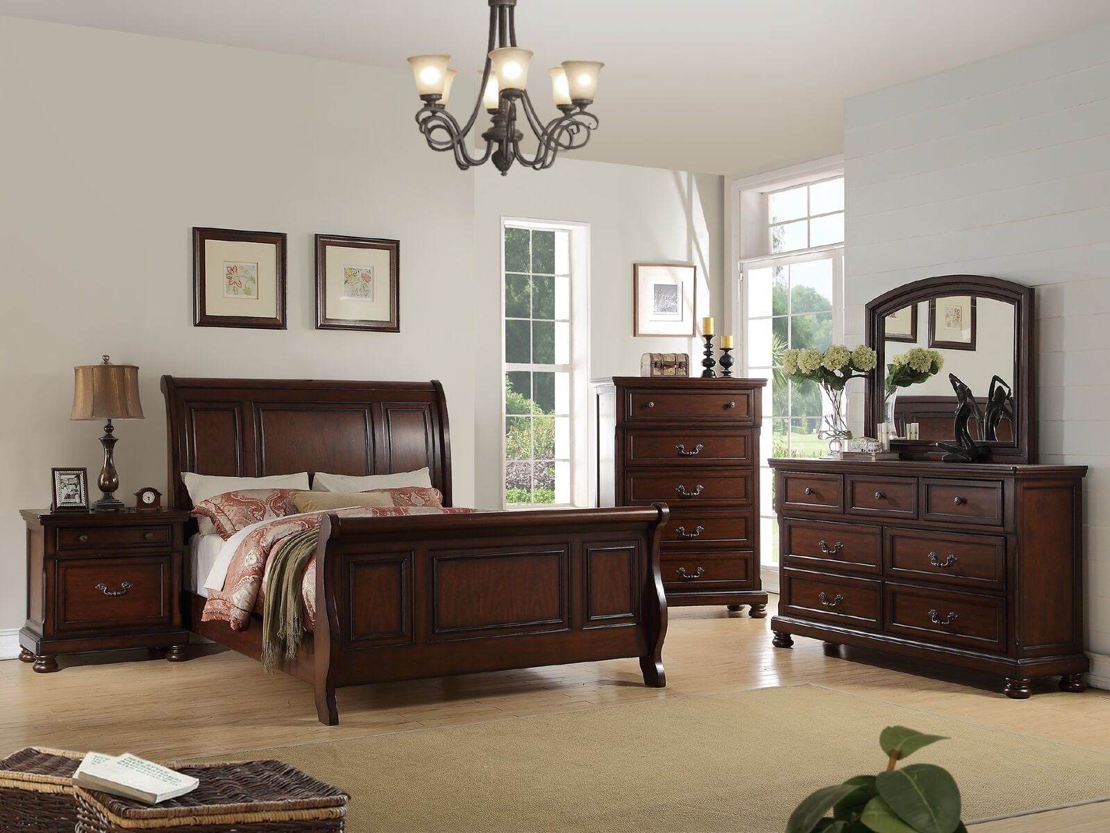 Formal Traditional Cherry Veneer 4pc Bedroom Furniture Eastern King Size Bed Dresser Mirror Nightstand Storage Bed