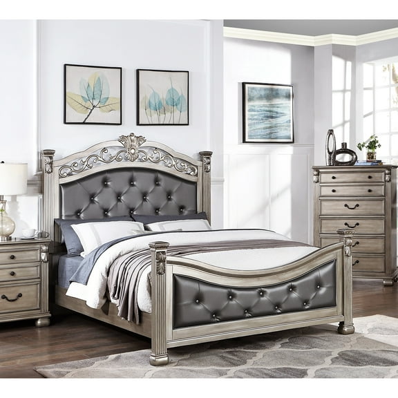 Formal Traditional King Bed With Faux Leather Upholstery And Design Crafted Posts In Silver Antique Molding Details