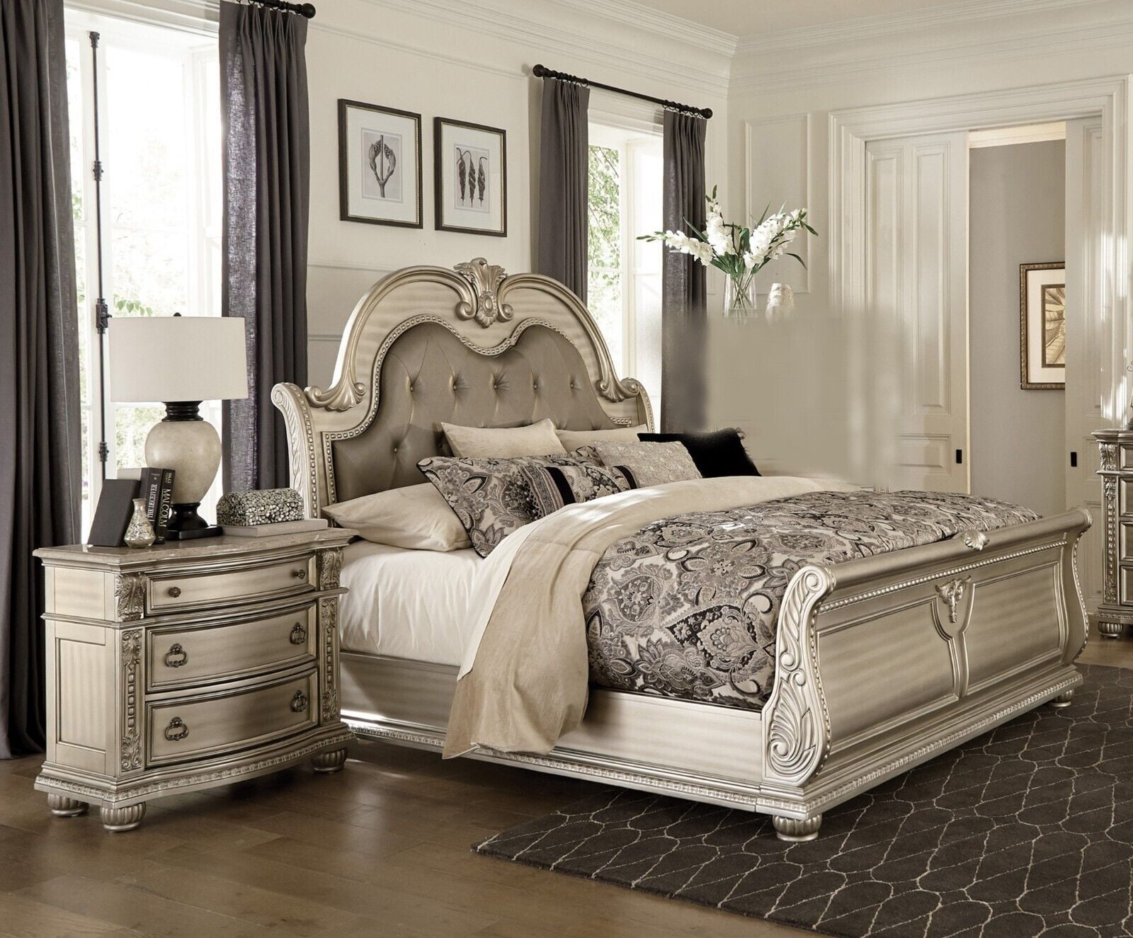 Formal Traditional Silver Finish Cal-King Size Bed Tufted HB and Marble ...