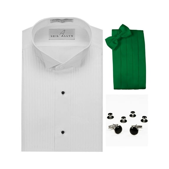 Formal Tuxedo Shirt, Kelly Green Cummerbund, Bow-Tie, Cuff Links & Studs Set