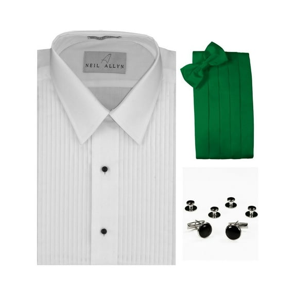 Formal Tuxedo Shirt, Kelly Green Cummerbund, Bow-Tie, Cuff Links & Studs Set