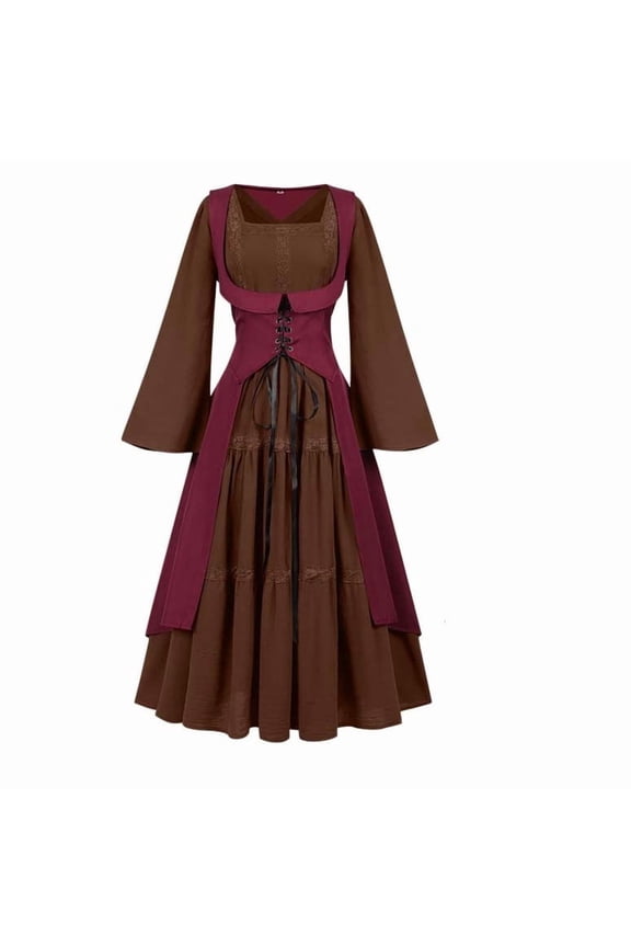 Formal Wedding Guest Dress Halloween Renaissance Costume Women, Renaissance Corset Dress Set, Long Sleeve Medieval Cosplay Maxi Dresses Wine L
