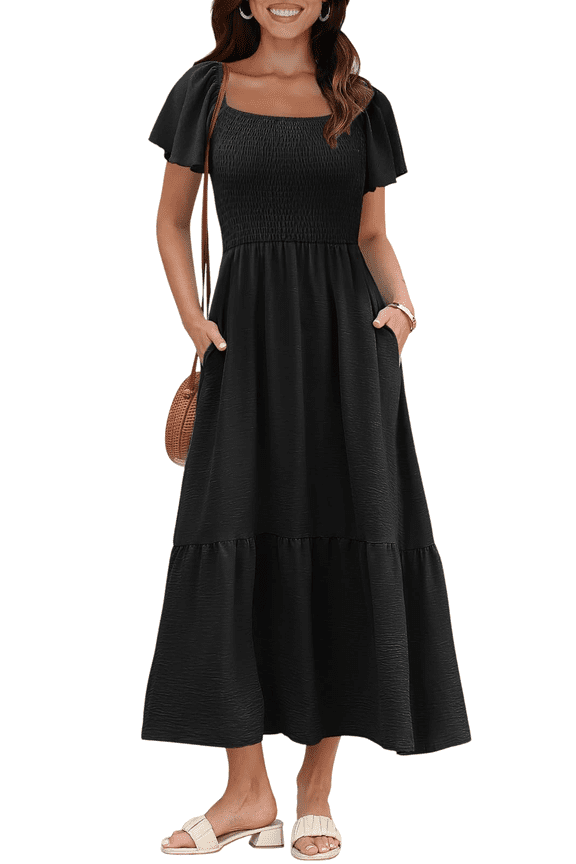 Formal Wedding Guest Dresses For Women Summer Dresses Casual Midi Dress Square Neck Ruffle Sleeve Smocked Maxi Dress High Waist A Line Wedding Guest Dresses