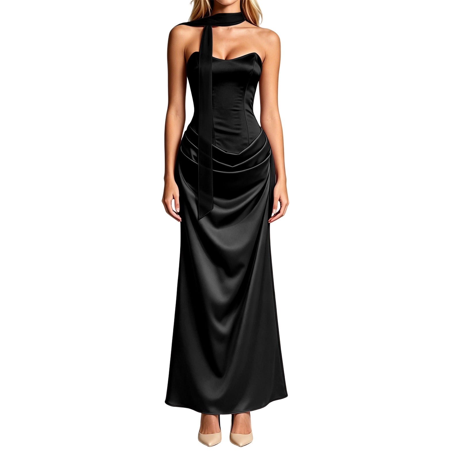 Formal Wedding Guest Dresses for Women Glossy Satin Corset Maxi Gown Halter Neck Back Lace Up Ruched Long Evening Dress Summer Wedding Guest Dress