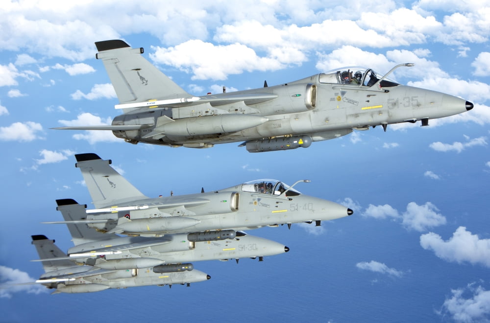 Formation of Italian Air Force AMX-ACOL aircraft over Italy Canvas Art - Giovanni CollaStocktrek Images (34 x 23)
