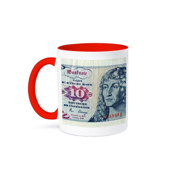 3dRose, Former German 10 ten deutsche mark german bill bank note cash currency, 15oz Two-Tone Red Mug