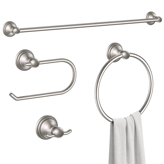 Classic 4-Piece Bathroom Accessories Set, 24-inch Towel Bar, Toilet Paper Holder, Towel Ring, and Robe Hook, Durable Zinc Alloy & Stainless Steel, (Brushed Nickel Finish)